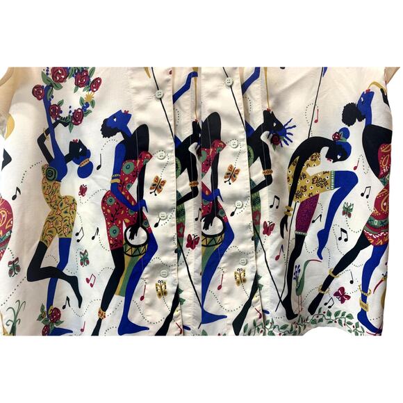 80s Rayon Shirt Colorful African Dancers Print | Women Short Sleeve | In Wear - Picture 8 of 10